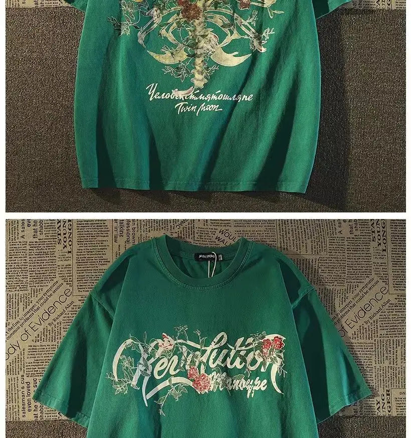 American retro high street skeleton butterfly pure cotton short-sleeved fashion brand half-sleeved y2k top