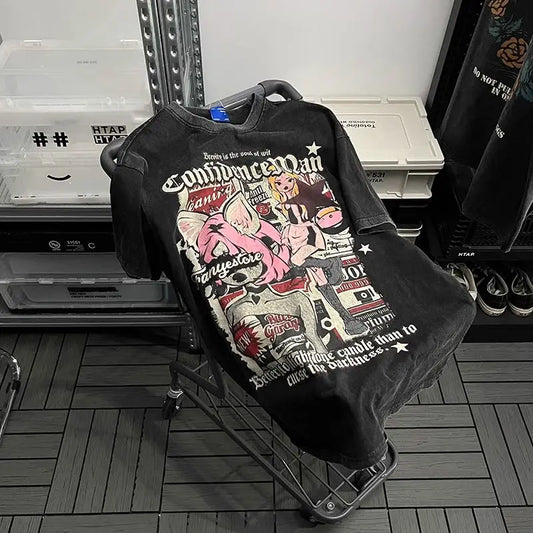 Trapwear Broken heart – Trendy Brand American Retro Anime Print Washed And Distresse