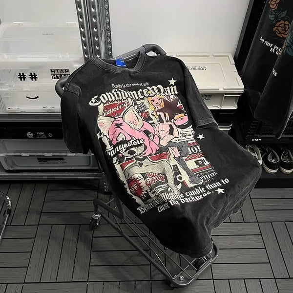 Trapwear Broken heart – Trendy Brand American Retro Anime Print Washed And Distresse