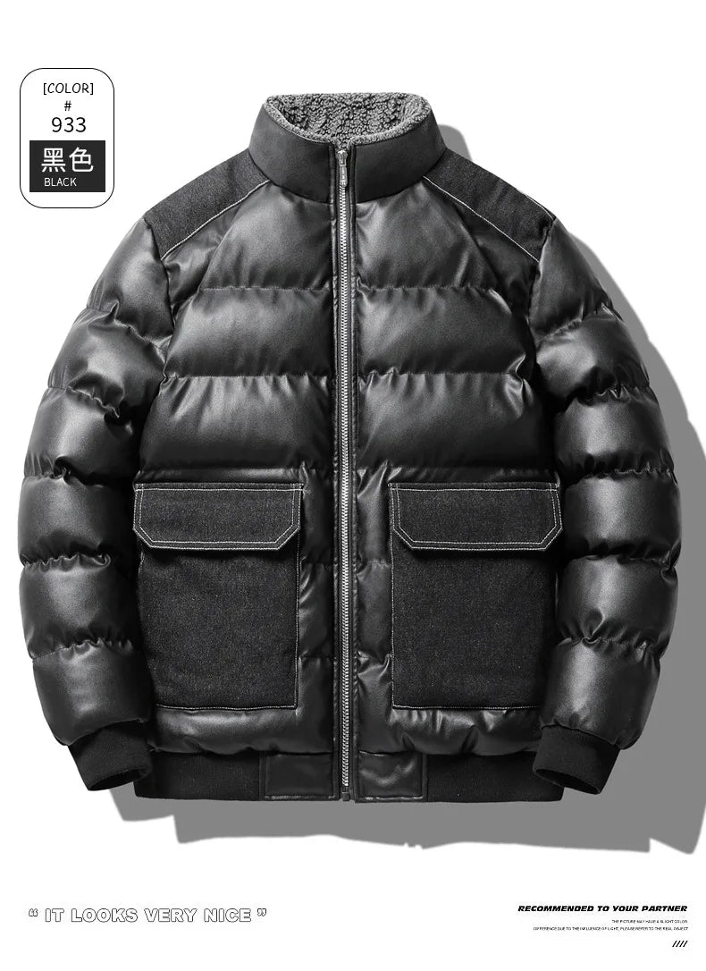 Winter new men's cotton thickened jacket slim stand-up collar splicing PU leather large pocket cotton-padded coat men