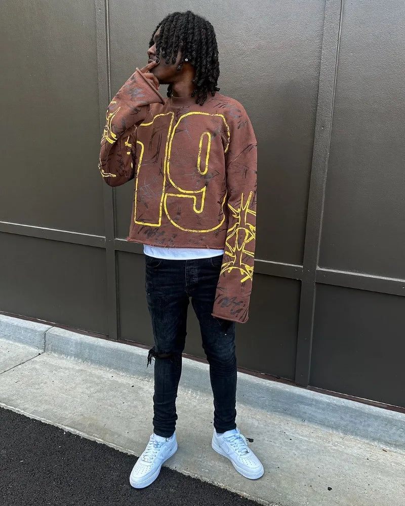 High Street Fashion Distressed Long-sleeved Pullover Men Y2k Harajuku Retro Hip-hop Rock Graffiti Style Oversized T-shirt Women