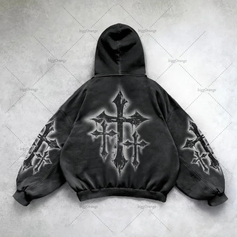 Gothic Punk Style Y2K Harajuku Retro Hoodie Cross Hip-hop Casual Loose Oversized Sweatshirt