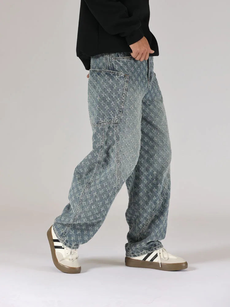 men brand fashion loose casual splice pocket jacquard vintage wide leg baggy jeans cityboy denim baggy jeans pants trousers unique jeans style 2967