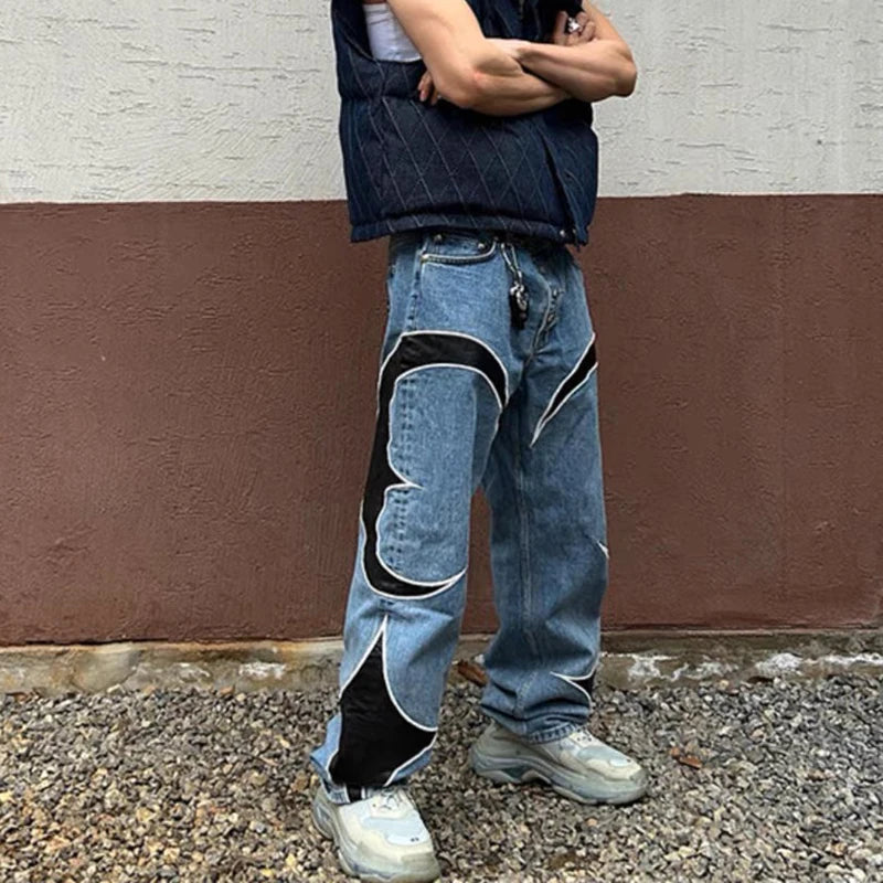 letter embroidery pu leaher patchwork baggy y2k jeans mens streetwear straight oversized denim trousers unisex cargo pants unique cargo style 36