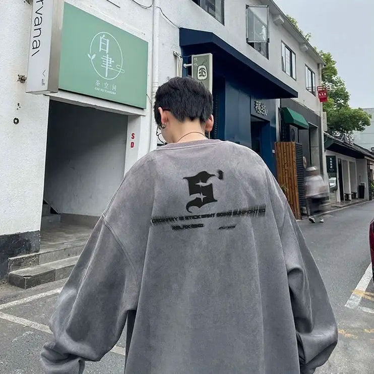 Trendy Korean Personalized Street Suede Sweatshirt Men Autumn Winter American High Street Y2K Handsome and Versatile Casual Top