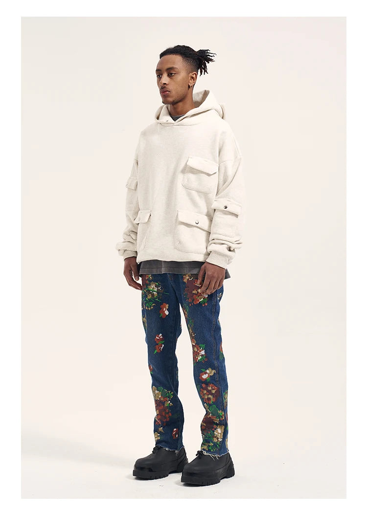 graffiti floral printed denim jean mens new casual zipper biker jeans fashion high street slim fit pants joggers hip hop jeans unique joggers style 1568