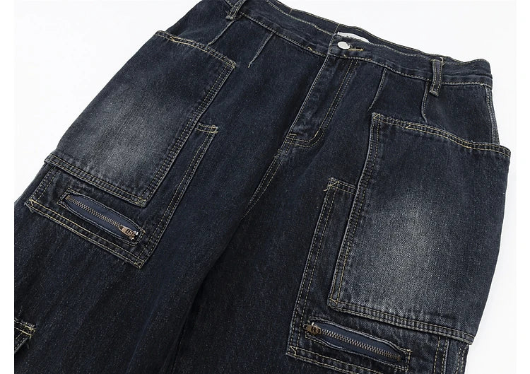 fashion punk rings streetwear loose pants unisex casual multiple pockets wide legs jean pants hip hop joggers men baggy jeans unique joggers style 1508