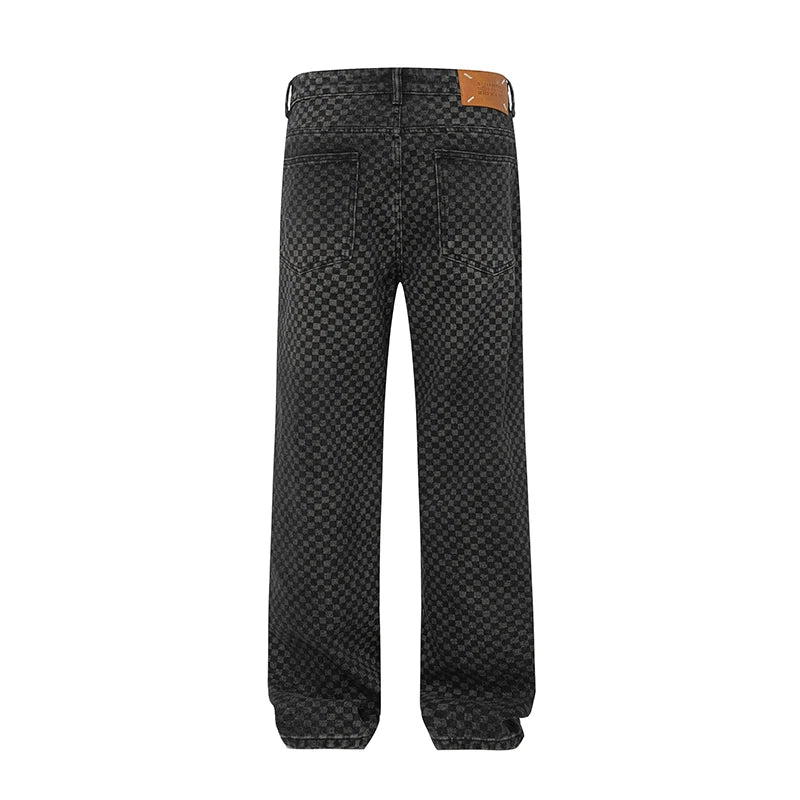 men streetwear fashion hip hop loose casual print black plaid denim pant jeans man vibe straight cowboy baggy jeans trousers unique jeans style 1574