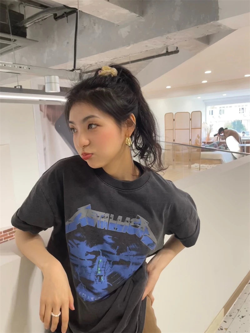 Y2k Aesthetic print tee – Summer Vintage High Street Wash Lightning Print T Shirt Vint