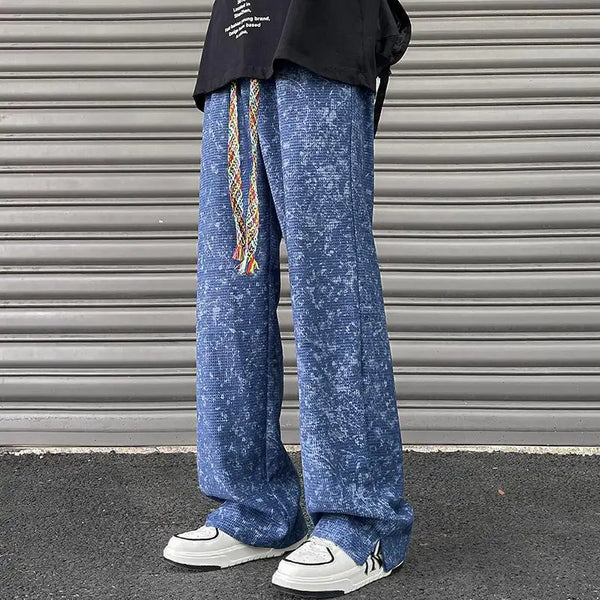 korean style waffle tie dye casual pants high street vibe pants men trendy brand colorful drawstring side slit straight trousers minimalist street pants