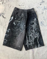 y2k american street retro graffiti anime print oversized denim shorts men shorts high waist fashion loose casual wide leg pants unique jeans style 3502