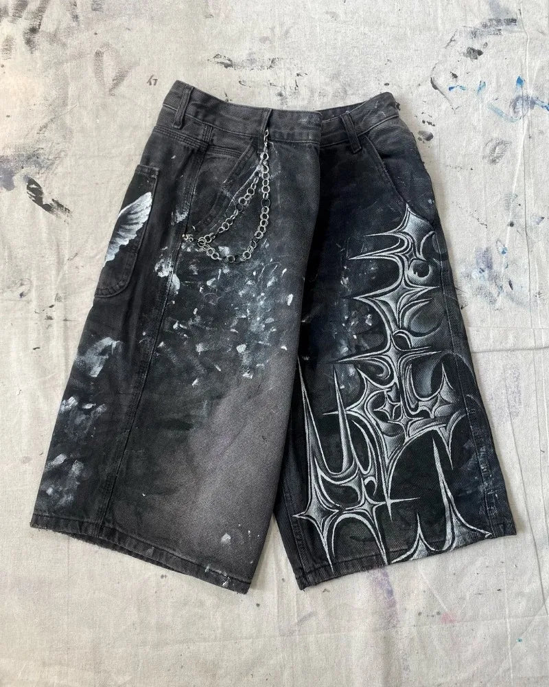 y2k american street retro graffiti anime print oversized denim shorts men shorts high waist fashion loose casual wide leg pants unique jeans style 3502