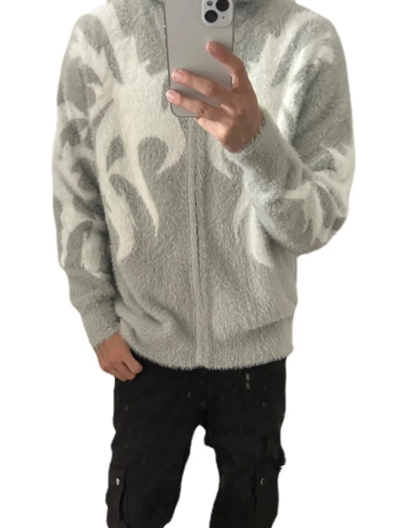 mens hooded cardigan sweater fashion harajuku pattern streetwear hip hop zipper warm knitted sweaters hood coats unisex jumpers - vintage look oversized hoodie, Y2K grunge street style, gothic aesthetic hoodie for winter