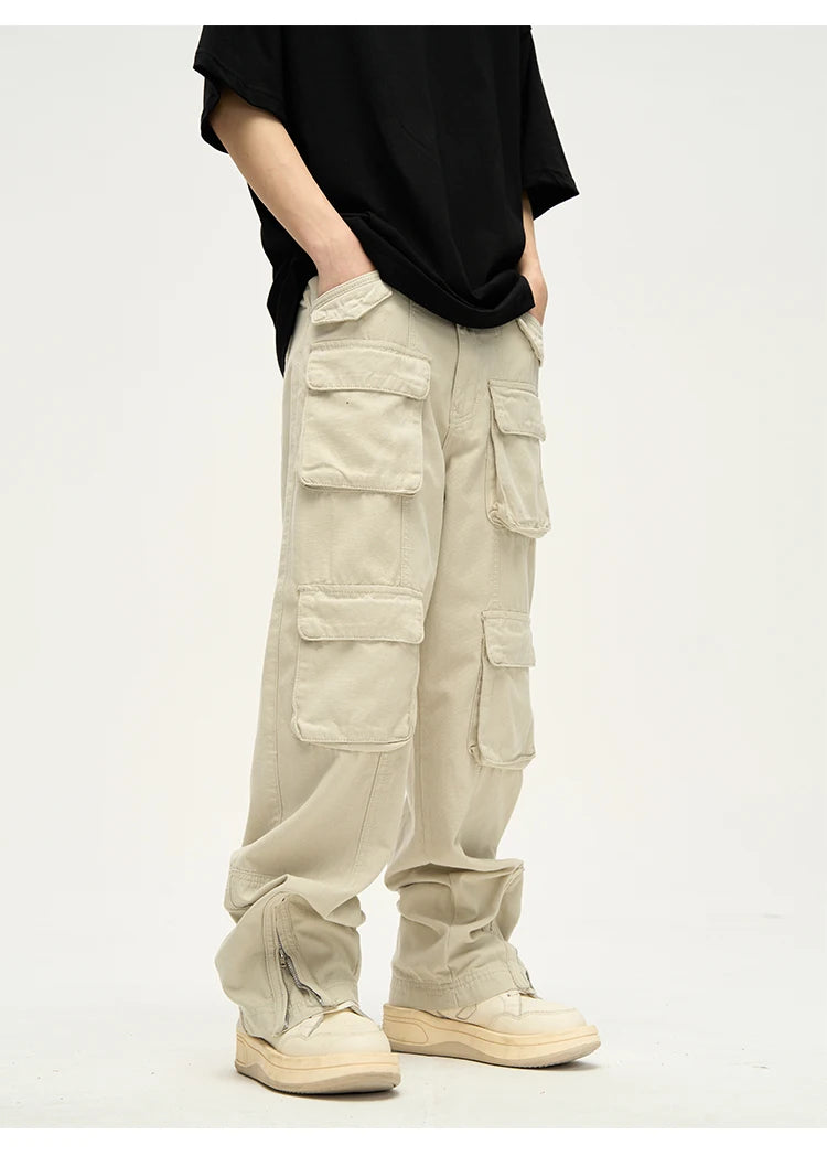 mens loose streetwear cargo straight pants high street casual bottom zipper multi pocket trousers hip hop safari style joggers unique joggers style 3310