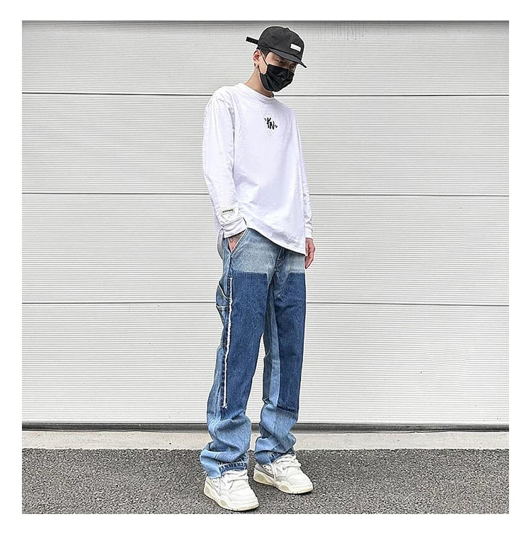 patchwork design denim flare jeans pants men casual zipper straight biker trousers jeans fashion streetwear hip hop jean joggers unique joggers style 2606