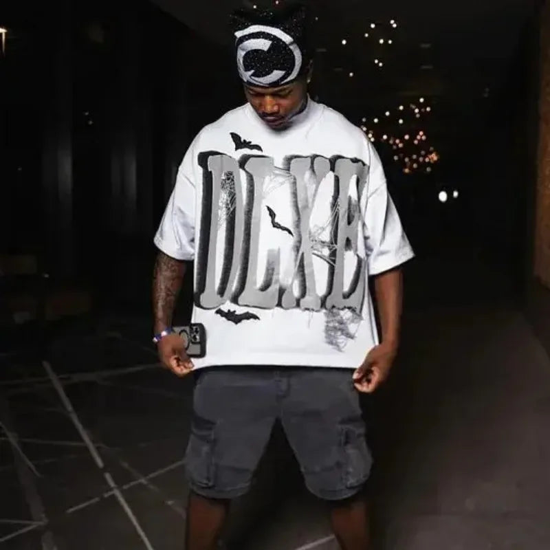 Harajuku Hip-hop Versatile Anime Letter Print Oversized Short-sleeved T-shirt Y2k Men Women Casual Loose Fashion Retro Top