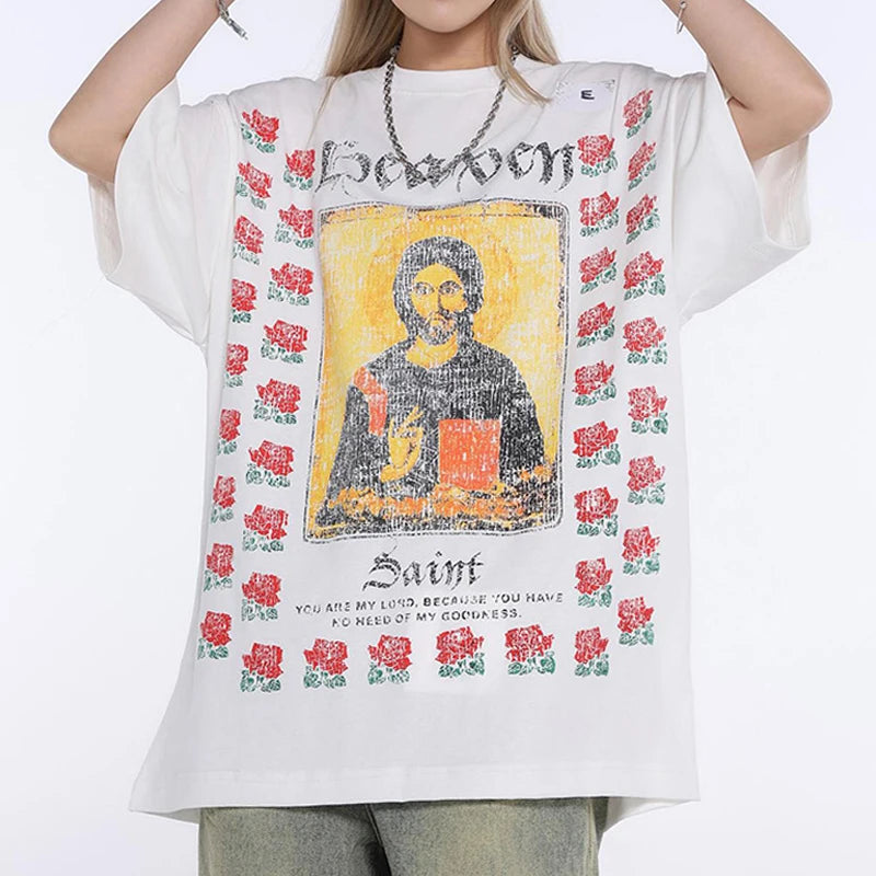 Y2K Graphic Tee – Saint T Shirts Men Woman New Rose Portrait Printing O Neck S – Urban Streetwear for Men & Women