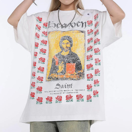 Y2K Graphic Tee – Saint T Shirts Men Woman New Rose Portrait Printing O Neck S – Urban Streetwear for Men & Women