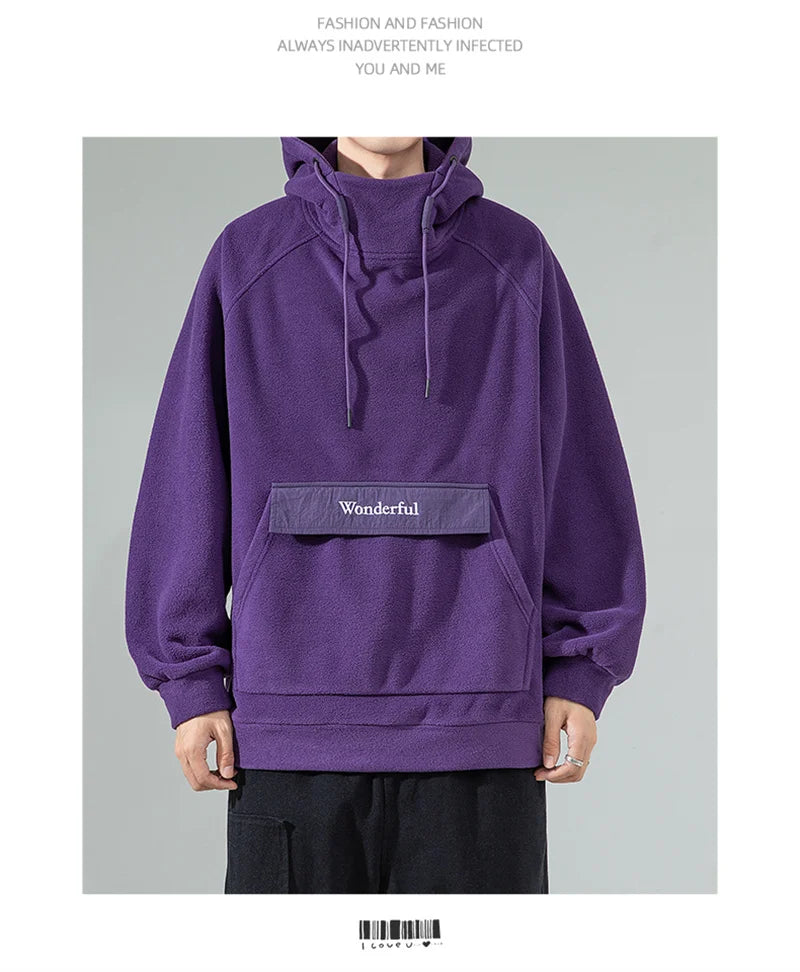 Autumn Polar Fleece Half Turtleneck Hoodies For Men Y2K Vintage Windproof Hooded Sweatshirts Casual Streetwear Pullover