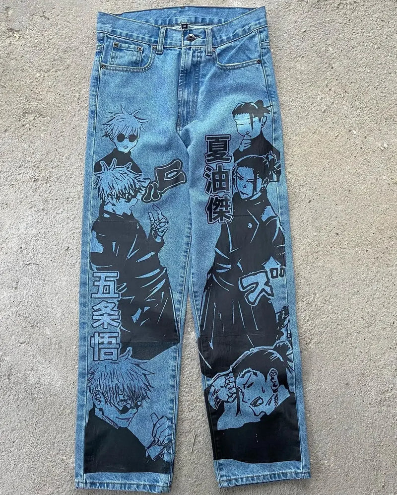 harajuku japanese anime style streetwear y2k jeans for men wide trouser graphic new women high waist jeans wide leg jeans pants unique jeans style 4988