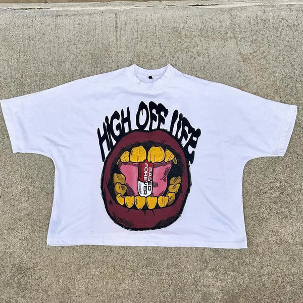 Gothic Streetwear Tee – Skull Wings Flame Script Print Y2K