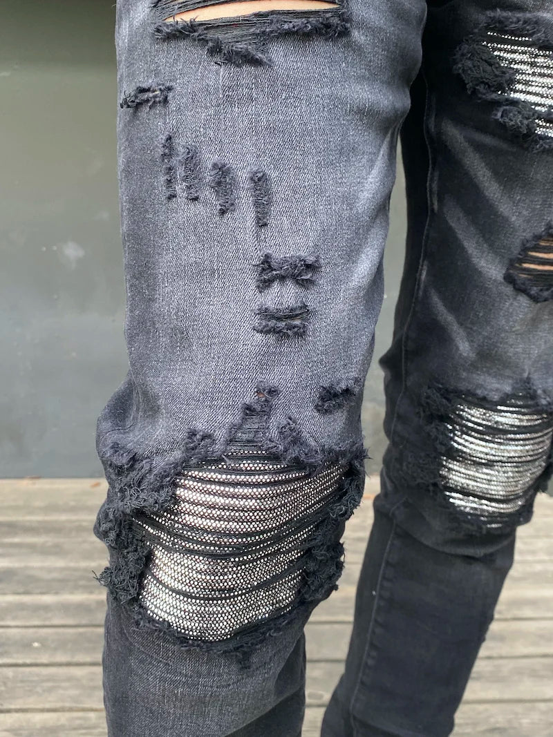 knee hole patckwork skinny denim jeans men slim biker trousers jeans fashion streetwear hip hop retro washed jean pants joggers unique joggers style 3361