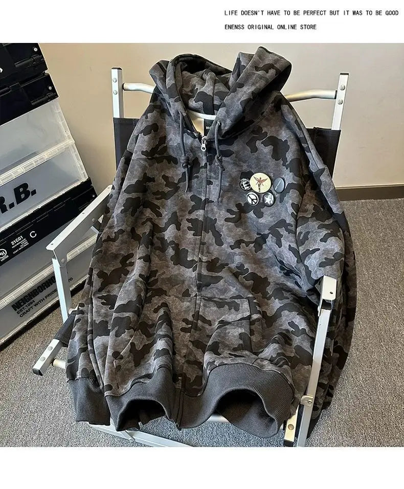 American Retro High Street Camouflage Cardigan Hooded Sweatshirt Winter Men Women Ins Fashion Brand Street Zipper Jacket Top