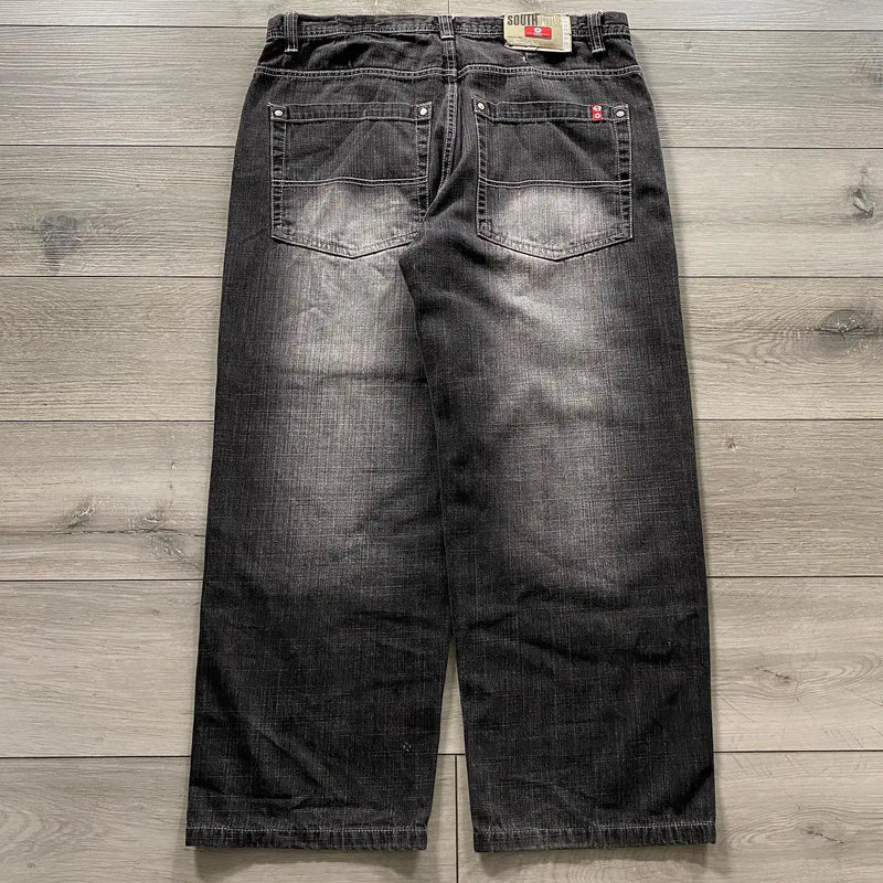 street popular gothic print spot jeans men y2k new harajuku casual loose straight wide leg pants couple joker punk denim trouser unique jeans style 2771