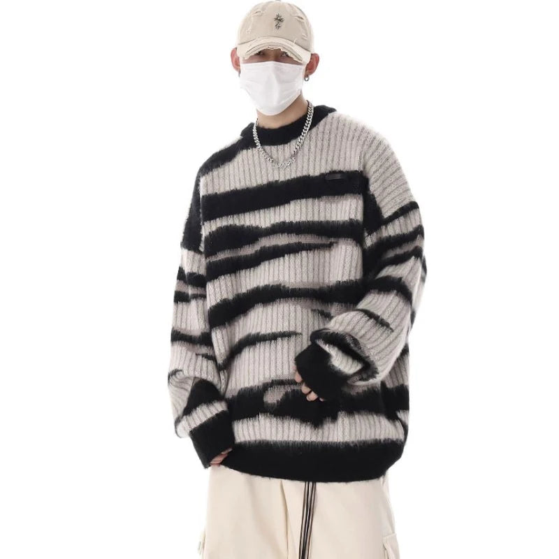 korean hip hop set men striped vintage knit sweater drawstring big pocket cargo pants 2 pcs set spring college casual suit 2024 utility cargo pants