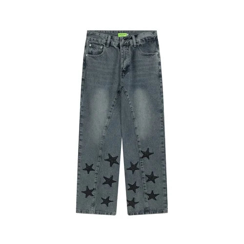 mens high street stars embroidery denim jean pants casual loose straight jeans hip hop y2k unisex pants streetwear joggers unique joggers style 3924