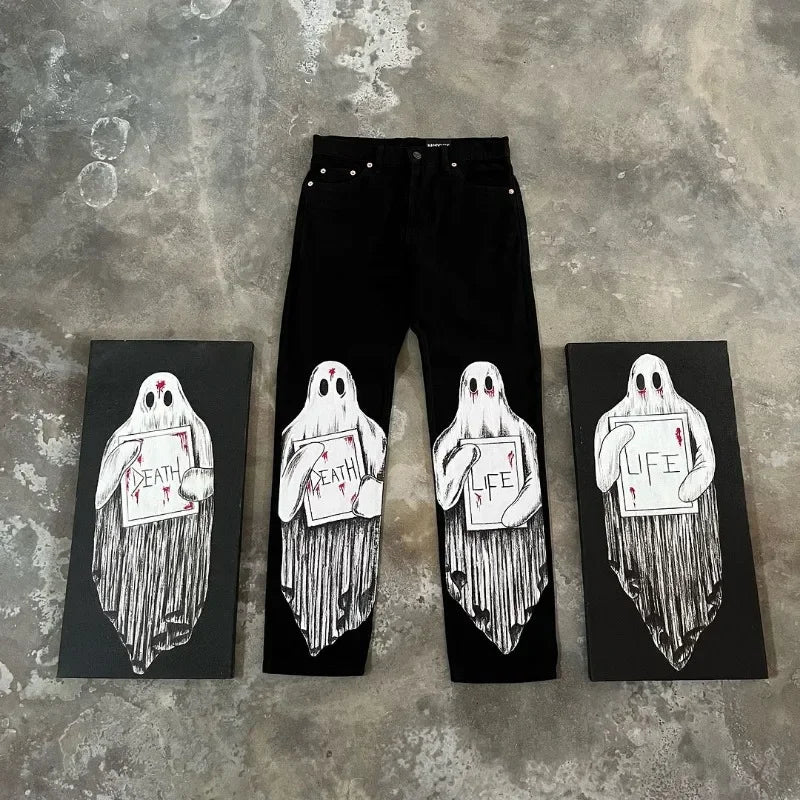 street retro dark style cartoon anime print oversized wide leg pants women y2k harajuku trendy brand high waist washed trousers unique default style 3349
