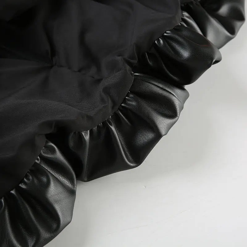 IAMHOTTY European and American Puff Flower Bud Leather Skirt Fashion Solid Color Versatile Leather Short Skirt  y2k skirt