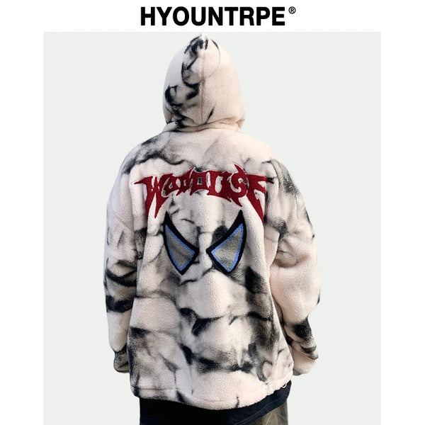 Mens Harajuku Graffiti Fleece Jackets and Coats Letter Embroidery Hairy Zipper Outerwear Warm Streetwear Parkas Bomber Jacket - variant style 16454b for streetwear fashion