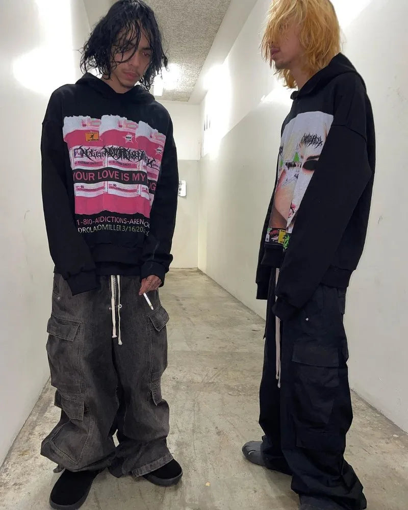 Y2K American Street Fashion Anime Letter Graffiti Print Oversized Hood