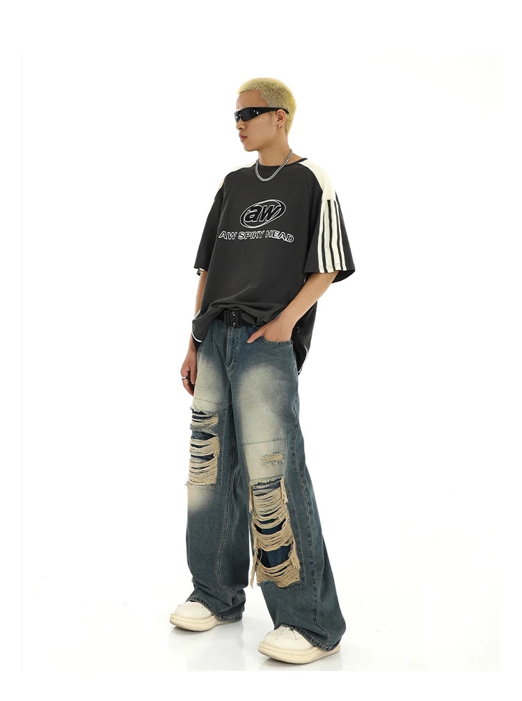 fashion ripped holes denim jeans harajuku patchwork straight jean trousers y2k trouser mens hip hop streetwear baggy jeans pants unique jeans style 4608