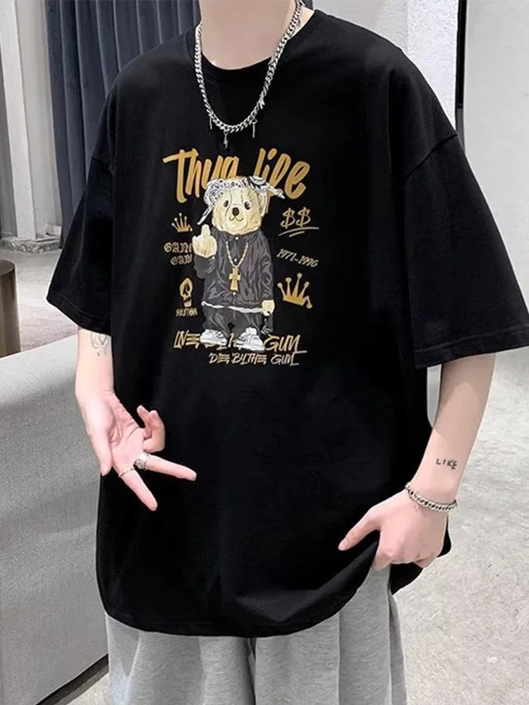 Harajuku Angelcore design – Funny Middle Finger Bear Graphic Short Sleeve Tee Shirts Men