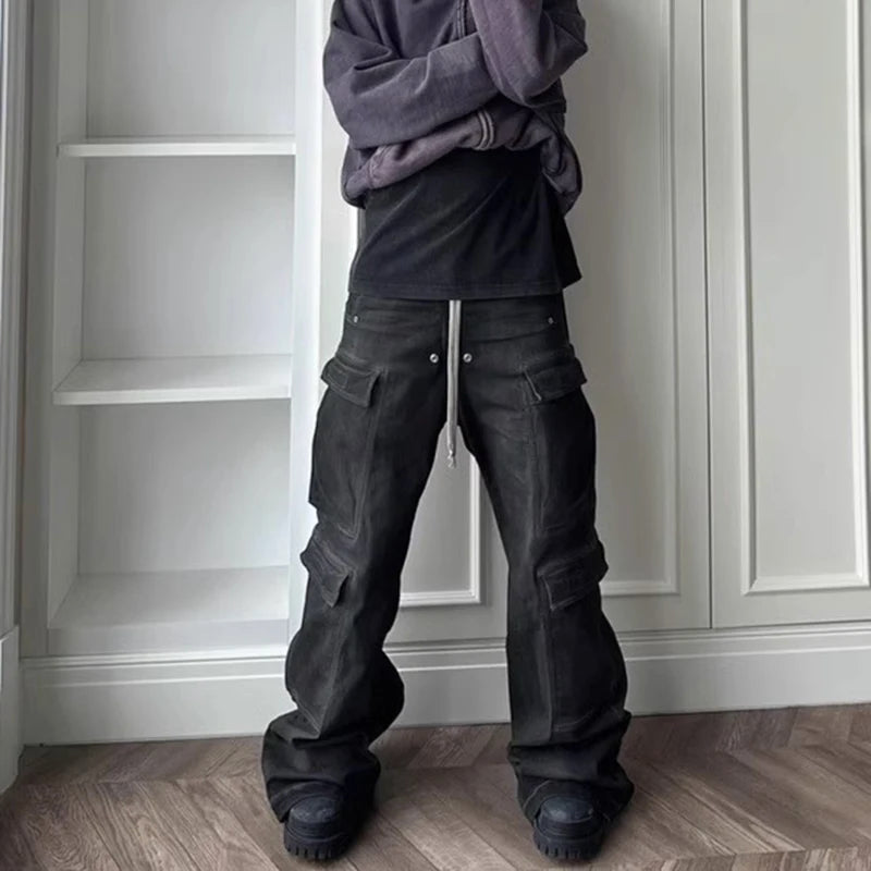 ro style ribbons wide leg multi pockets smoke grey baggy jeans for men straight pantalones hombre drawstring denim trousers ripped baggy denim