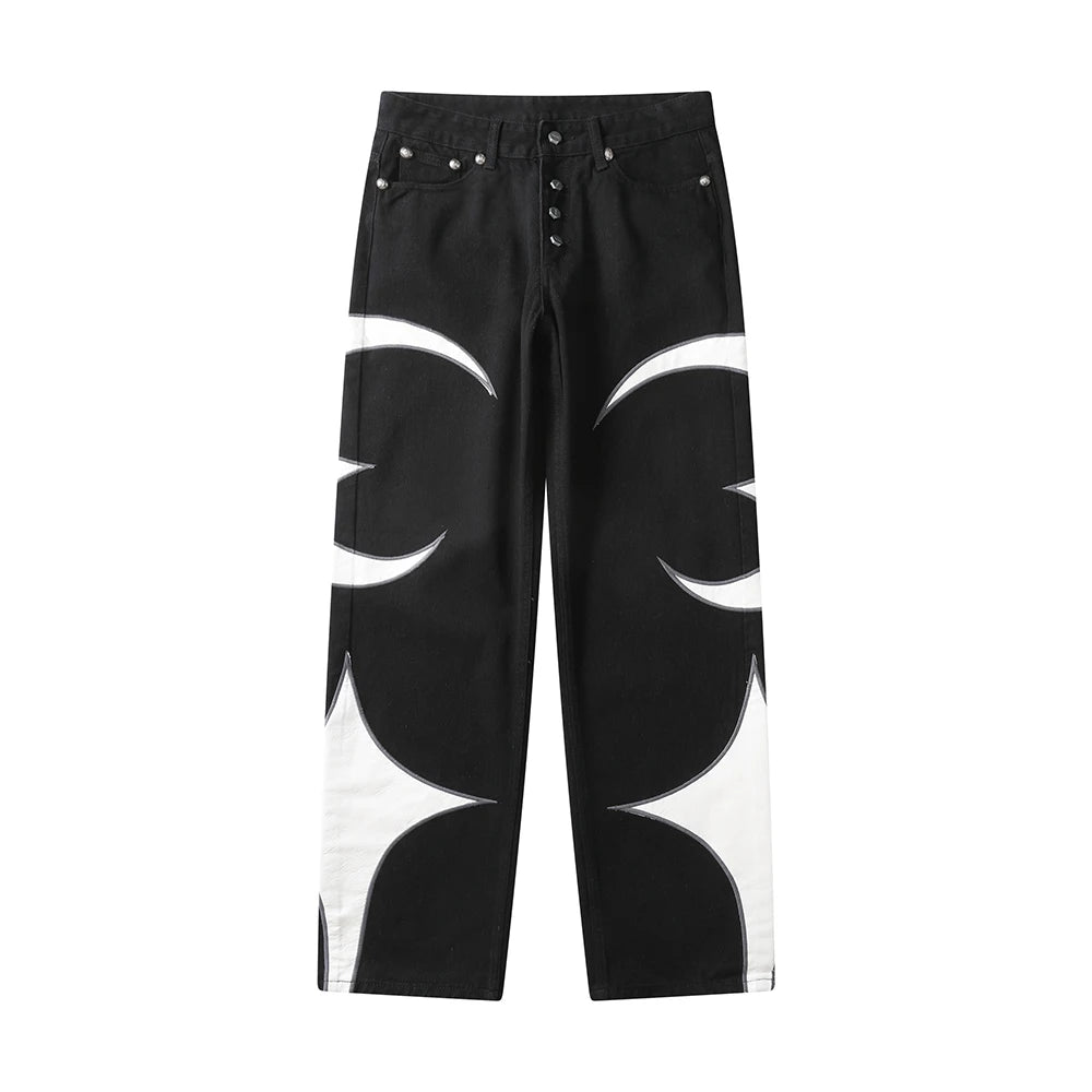 letter embroidery pu leaher patchwork baggy y2k jeans mens streetwear straight oversized denim trousers unisex cargo pants unique cargo style 37