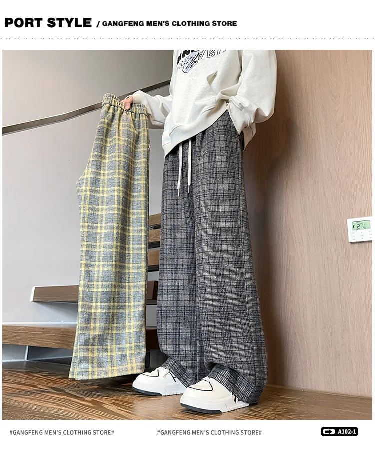 mens plaid pants baggy winter trendy fleece loose straight wide leg mopping trousers unisex thick velvet warm long pants urban fashion pants