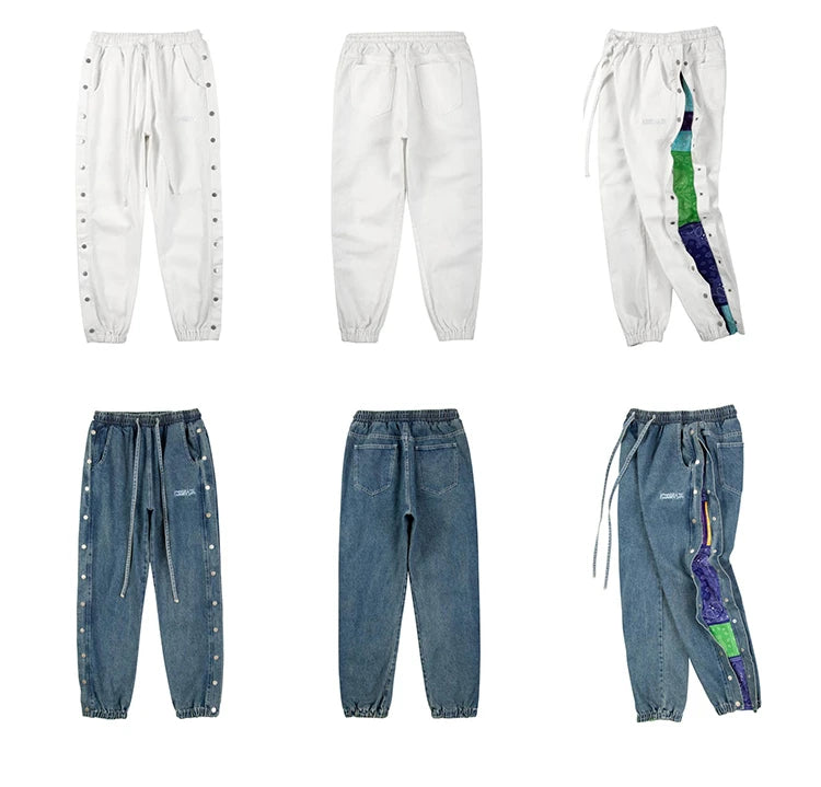 washed distressed denim sweatpant cashew flower patchwork oversized splice buckle jogging jeans casual button baggy men clothing unique joggers style 4369