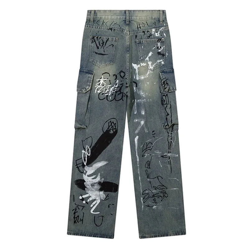 graffiti printed denim jeans unisex side pocket straight cargo jean trousers hip hop streetwear casual loose joggers jeans pants relaxed fit joggers