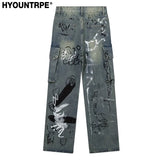 graffiti printed denim jeans unisex side pocket straight cargo jean trousers hip hop streetwear casual loose joggers jeans pants relaxed fit joggers