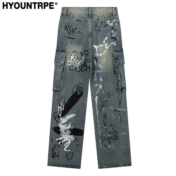 graffiti printed denim jeans unisex side pocket straight cargo jean trousers hip hop streetwear casual loose joggers jeans pants relaxed fit joggers