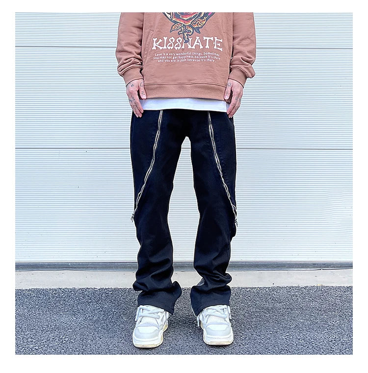 high street black white straight zipper becomes slightly flared denim jeans harajuku casual hip hop cashew flower jeans for men unique jeans style 4417