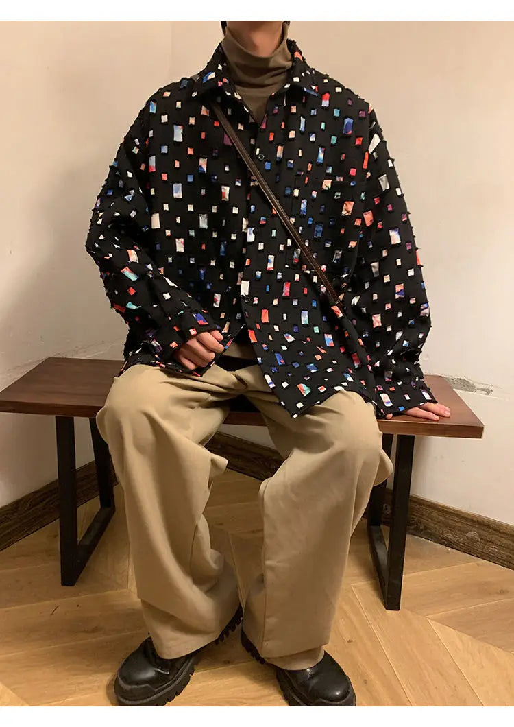 Oversized Fashion Casual Color Plaid Shirt Men Streetwear Loose Long Sleeved Shirt