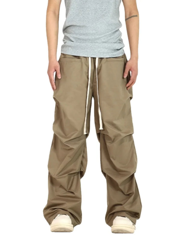 side fold baggy pants men casual elastic waist straight trousers streetwear new fashion drawstring unisex hip hop pants joggers urban active pants