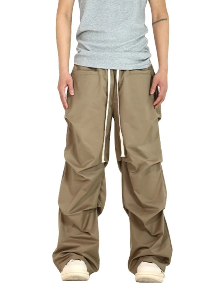 side fold baggy pants men casual elastic waist straight trousers streetwear new fashion drawstring unisex hip hop pants joggers urban active pants