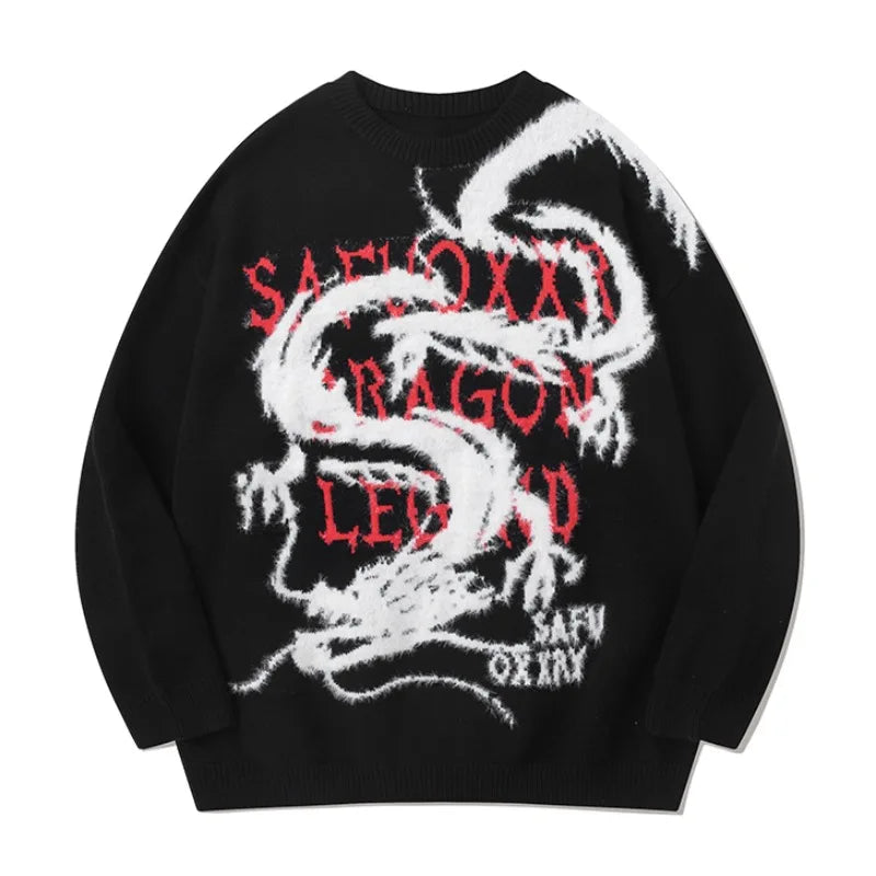 hip hop harajuku dragon pattern knitted sweater unisex pullover streetwear new year casual loose sweater warm jumper knitwear high quality cotton pullover, urban wear with bold artwork, unique limited edition hoodie