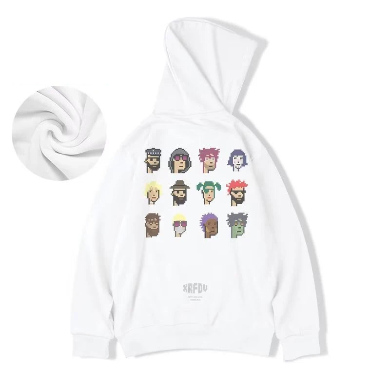 Funny Pixel Figure Graphic Hoodies For Men Autumn Y2K Streetwear Pullover