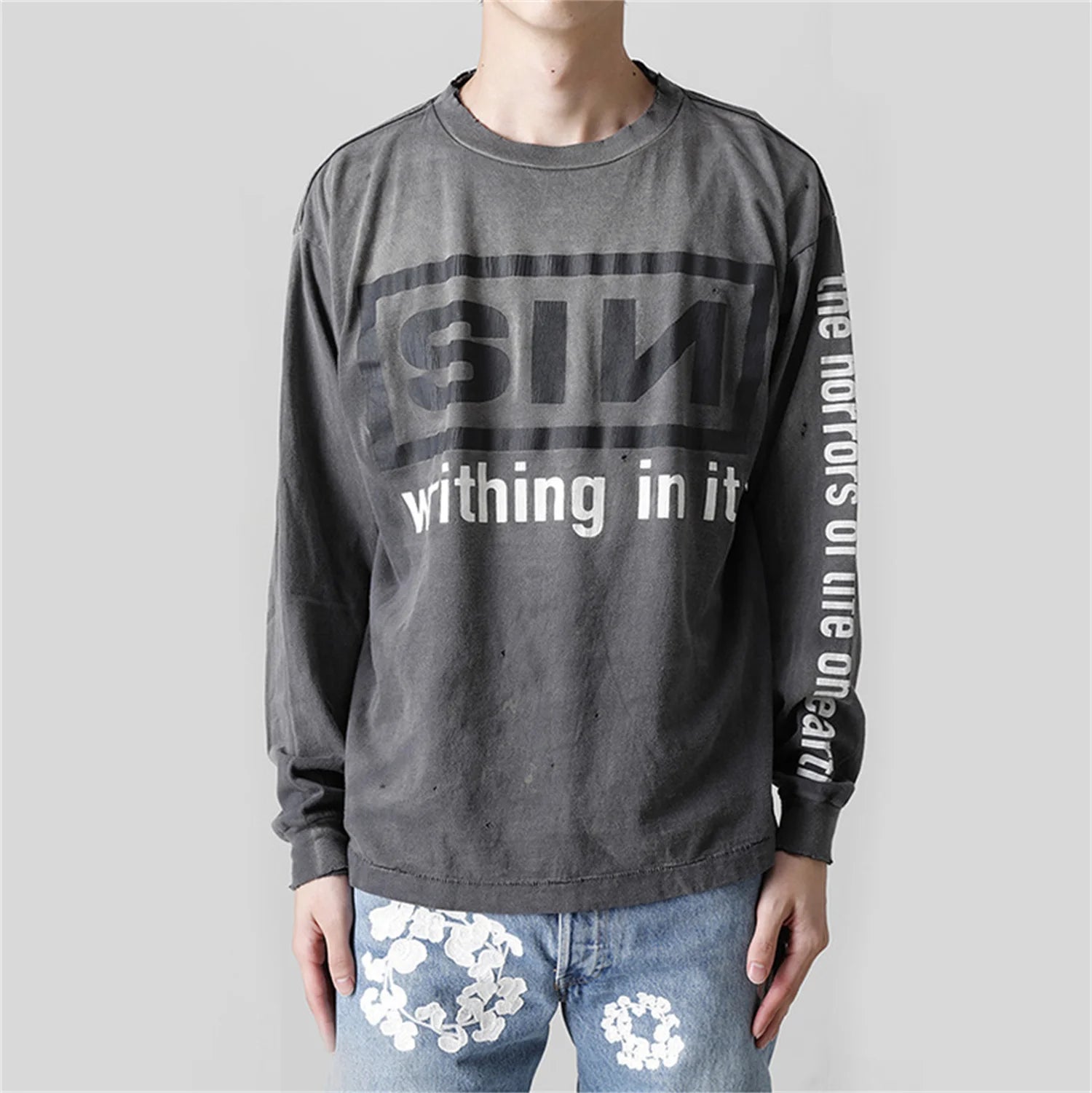 Harajuku oversized shirt featuring summer retro vintage sin print high street distressed worn cotton casual loose long sleeve t shirt pullover